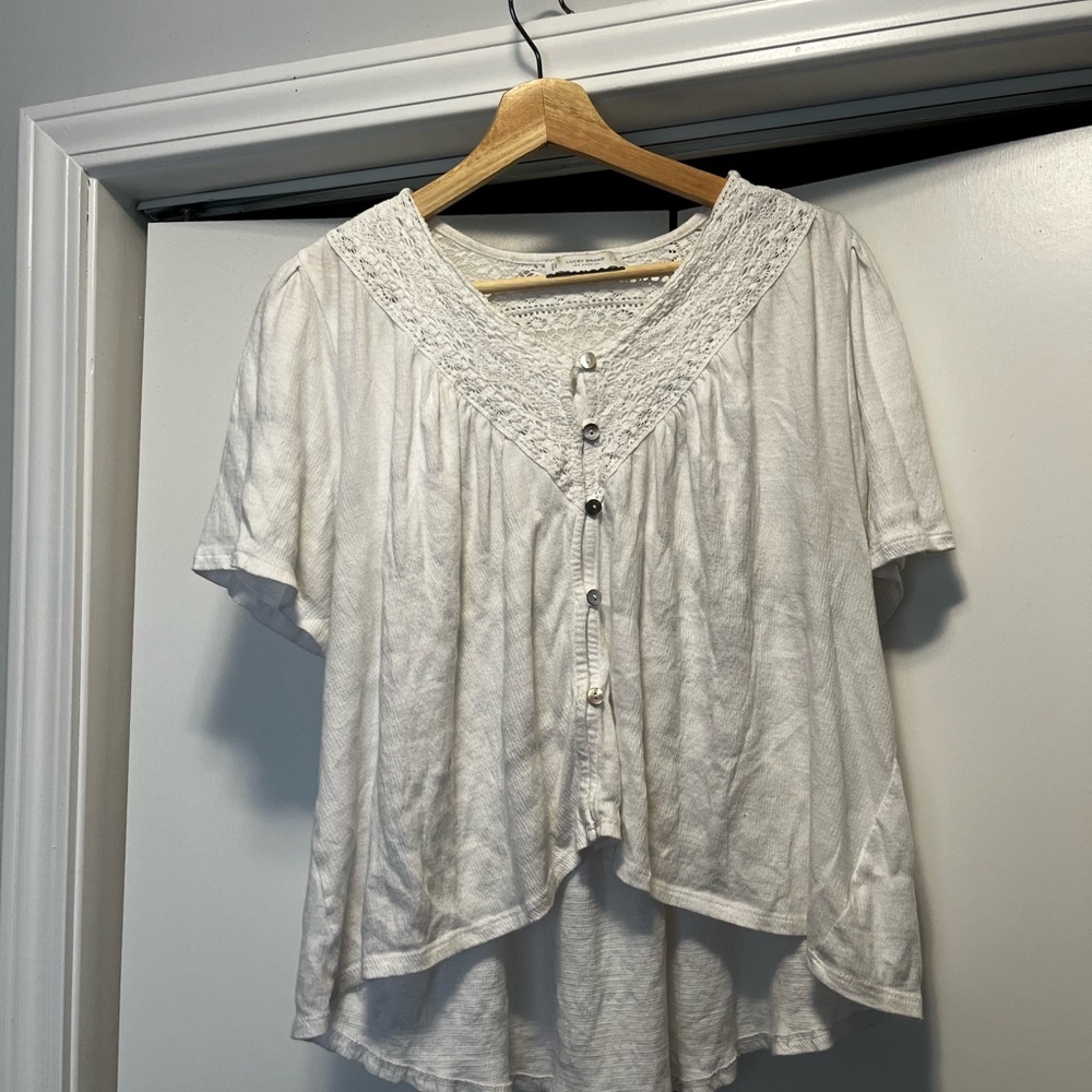 White Lace Trim Button-Up Top